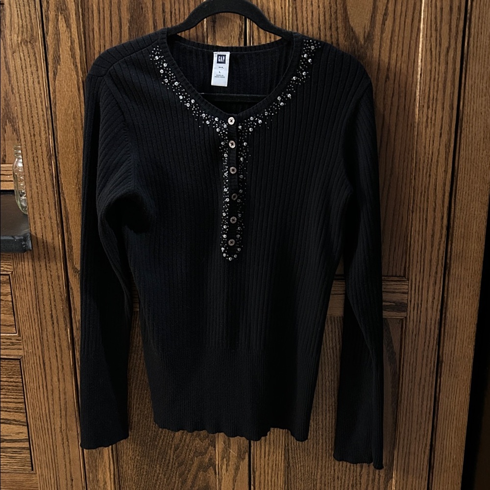 Vintage GAP Angora Henley Sweater Womens Black‎ Ribbed Beaded Cotton Wool Large